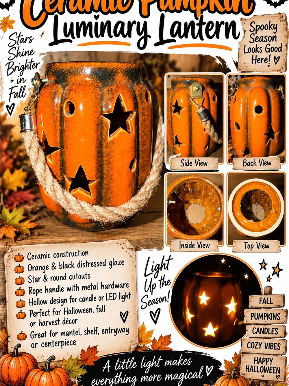 Orange Ceramic Pumpkin Luminary Lantern Star Cutouts Rope Handle Halloween